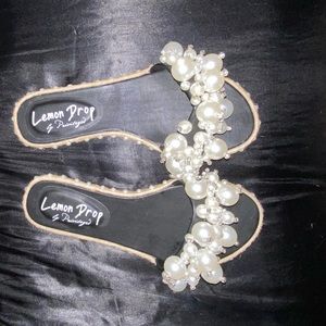 Lemon Drop By Privileged Pearl and Rhinestone Slides Size 6.5